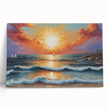 Stretched canvas wall art showcasing a serene ocean landscape with vibrant blues and greens, elegantly leaning against a neutral wall, perfect for coastal decor.