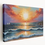 Stretched canvas wall art depicting a serene seascape with vibrant blues and soft clouds, showcasing a side view of the artwork ideal for home decor.