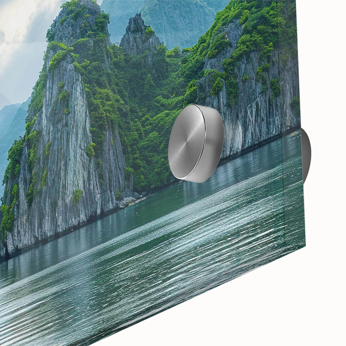 Close-up of a vibrant acrylic glass artwork depicting a serene seascape with vivid colors and intricate details, ideal for modern home décor. This piece enhances any space with its calming ocean imagery and artistic flair.