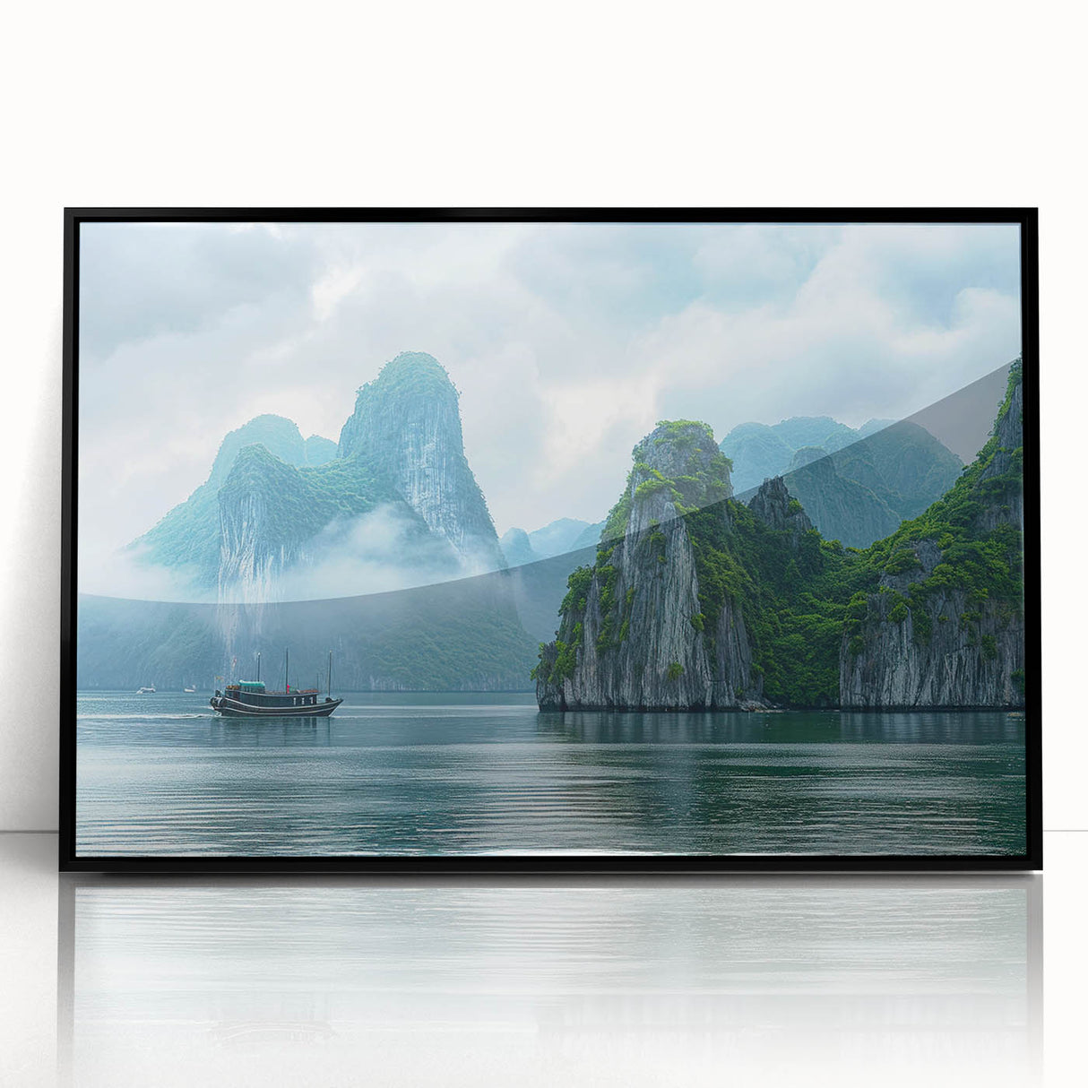 Framed acrylic wall art showcasing a scenic seascape design with a black frame, perfect for home decor and enhancing coastal themes in interior spaces.