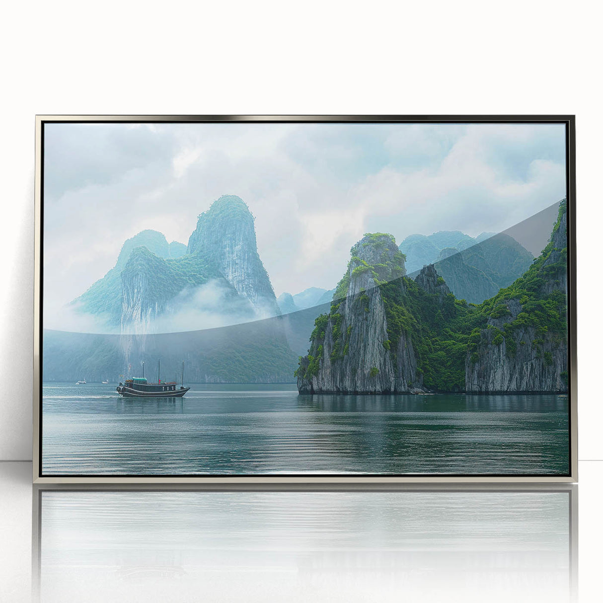 Framed acrylic wall art featuring an ocean landscape design with vibrant blues and silvers, perfect for enhancing modern home decor. The artwork showcases gentle waves and a serene atmosphere, ideal for coastal-themed interiors.