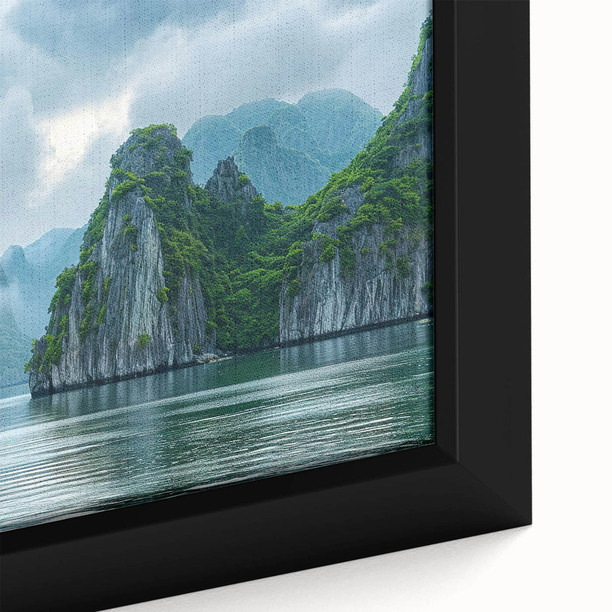 Framed canvas print showcasing a vibrant seascape design, featuring rich blues and greens with textured brush strokes, perfect for coastal-themed decor.