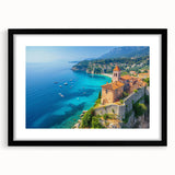 Framed wall art featuring a serene seascape design in a black frame with a white mat, showcasing calming ocean waves and a clear blue sky, perfect for home decor.