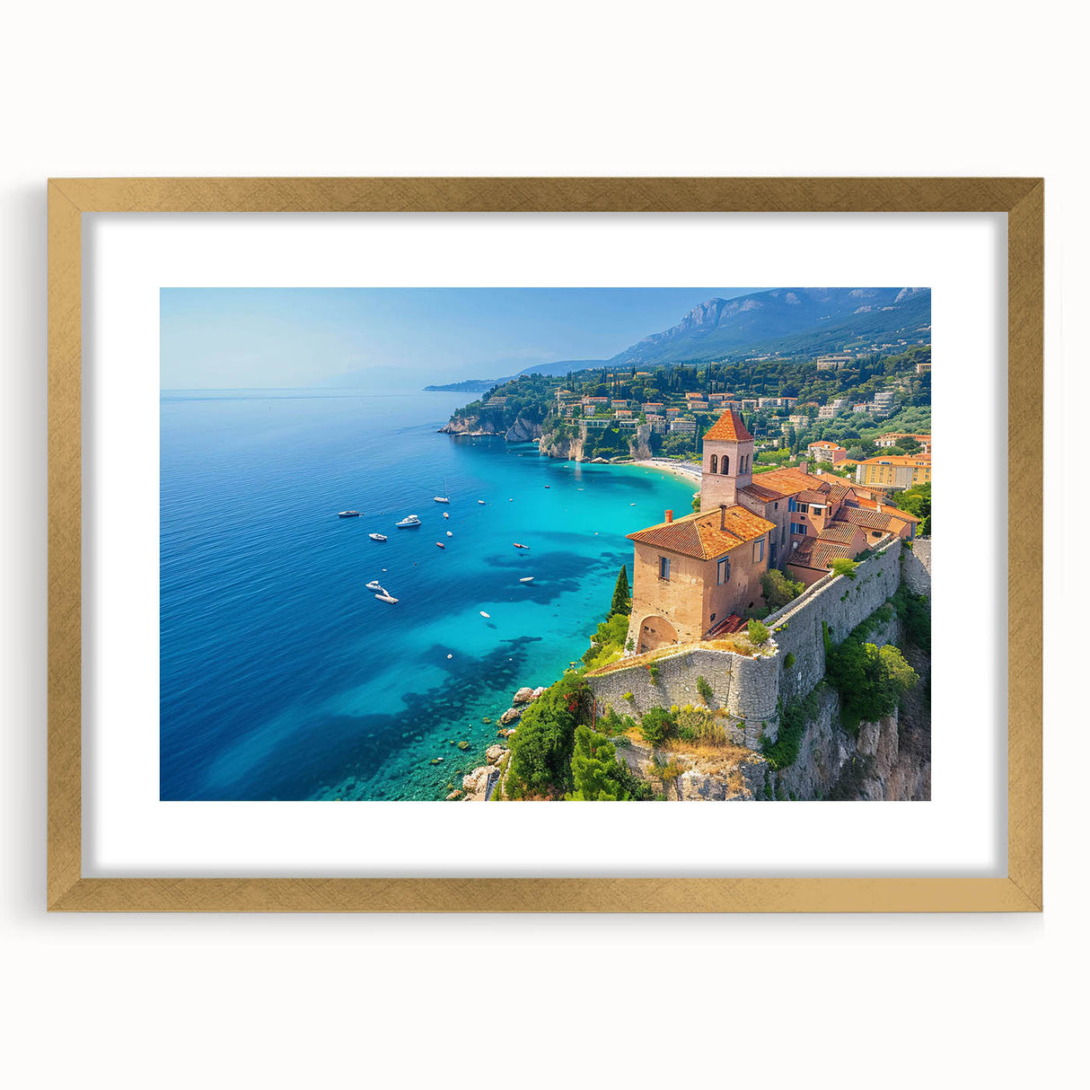 Elegant framed wall art showcasing a serene seascape design with a gold mat, perfect for enhancing home decor. Ideal for coastal-themed interiors.