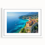 Framed wall art print showcasing a serene seascape design in a white mat and frame, ideal for home decor, enhancing coastal-themed interiors.