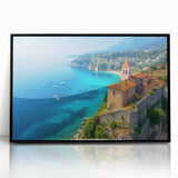 Framed black wall art showcasing a serene seascape design, featuring soft blue and white hues, ideal for coastal-themed decor. Perfect for enhancing home interiors.