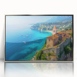 Framed acrylic wall art showcasing a serene seascape design with silver accents, perfect for enhancing modern home decor and adding a calming ambiance. The artwork features soft blue and white hues, evoking a tranquil coastal atmosphere, ideal for living rooms or offices.