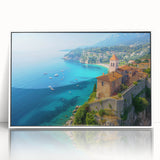 Framed acrylic wall art showcasing a serene ocean landscape with soft waves and a pastel color palette, ideal for modern home decor. Perfect focal point for coastal-themed interiors.