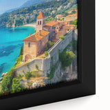 Framed canvas close-up of a coastal landscape wall art design, showcasing vibrant blues and greens with textured brushstrokes, perfect for home decor.