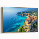 Framed wall art showcasing a serene seascape with vibrant colors, set in a sleek gold frame, ideal for modern home decor and coastal-themed interiors.