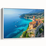 Framed canvas wall art from the Landscapes & Seascapes collection, showcasing a serene ocean view with vibrant colors, displayed in a sleek white frame, ideal for home decor.