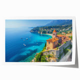 Stunning rolled print of a serene seascape featuring soft blue ocean waves and a gentle sunset, ideal for coastal home decor, presented in protective packaging.