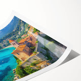 Rolled canvas print showcasing a vibrant seascape with soft waves and a sunset backdrop, packaged securely in a cardboard tube for easy transport and display.