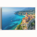 Stretched canvas wall art showcasing a vibrant seascape design, featuring rich blues and greens, perfect for adding a coastal touch to any interior decor.