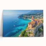 Stretched canvas artwork depicting a vibrant seascape with crashing waves and a sunset, perfect for coastal-themed home decor in living rooms or offices.