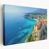 Stretched canvas artwork showcasing a vibrant seascape design, featuring rich blues and greens, ideal for home decor. Perfect for enhancing coastal-themed interiors.