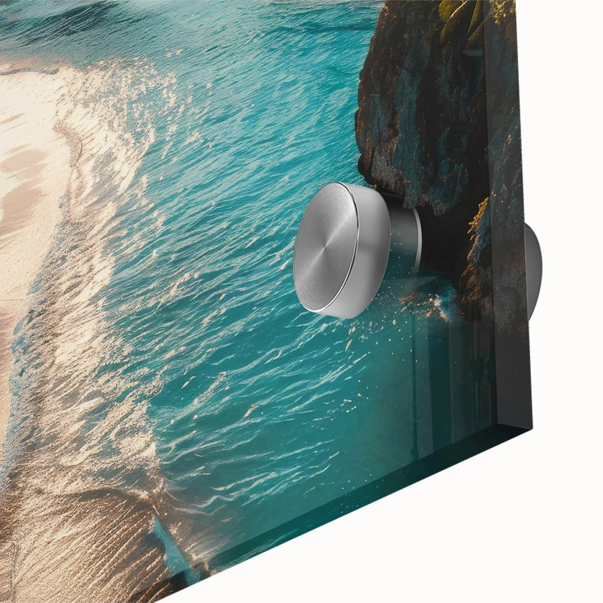 Close-up of a vibrant acrylic and glass wall art piece showcasing a stunning seascape design, featuring rich blue hues and intricate details, perfect for home decor.
