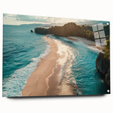 Acrylic glass wall art collection showcasing a serene seascape design with vibrant blues and greens, presented in a side view with stylish mounting pins for easy display.
