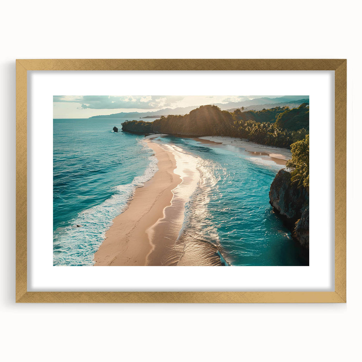 Gold-framed wall art featuring a serene seascape design, showcasing soft blues and subtle whites, perfect for enhancing a coastal-themed decor.