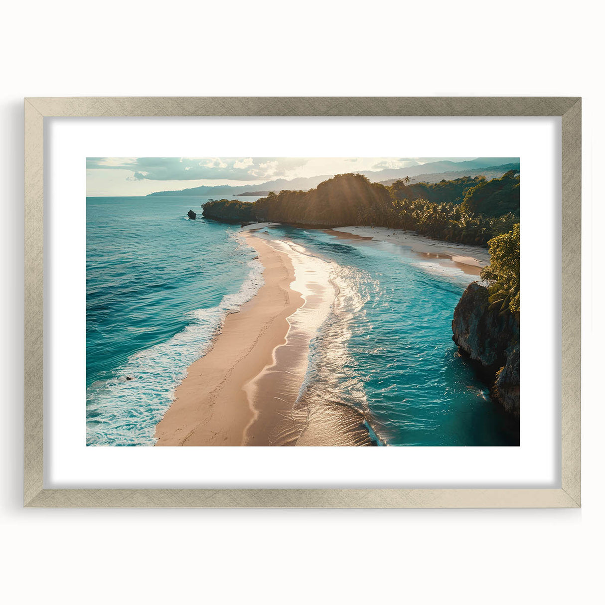 Framed silver mat wall art showcasing a serene seascape design, featuring soft blues and whites, perfect for coastal-themed home decor.
