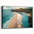 Framed canvas wall art showcasing a serene seascape design with vibrant colors, featuring a black frame for an elegant finish. Ideal for coastal home decor.