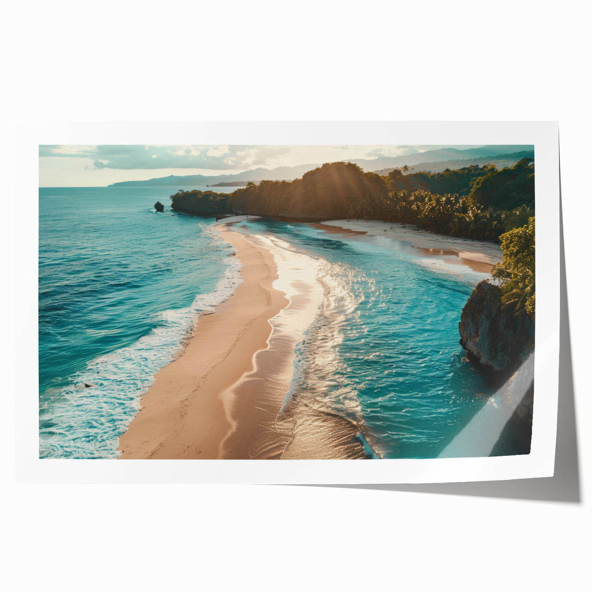 Rolled print of a vibrant seascape wall art collection, showcasing a serene ocean view with soft waves and a sunset in warm hues, packaged securely for delivery.