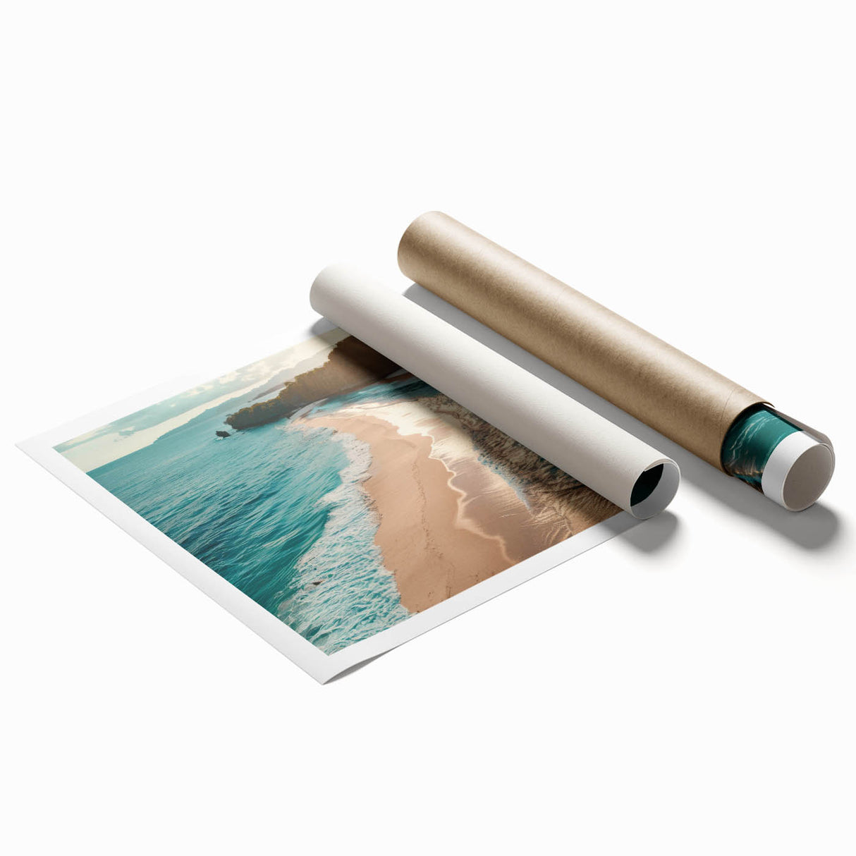 Rolled print showcasing a serene seascape design with soft blue and green hues, offering a calming aesthetic for home decor, packaged securely in a durable tube.
