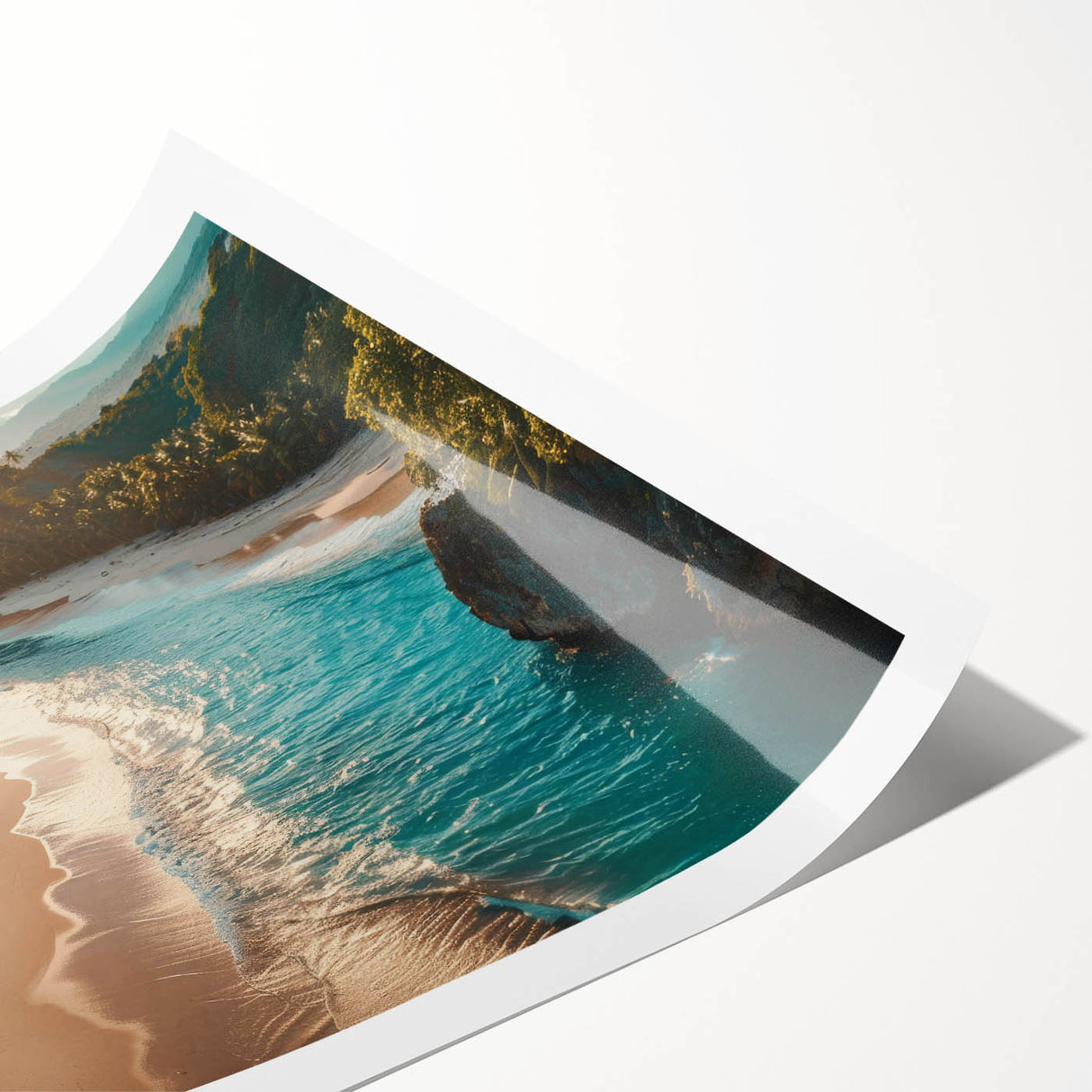 Rolled print of a serene seascape design showcasing vibrant blues and calming greens, perfect for home decor, showcasing artistic waves crashing against a rocky shore. Ideal for adding a tranquil coastal vibe to any room.