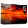 Acrylic glass wall art design showcasing a vibrant seascape landscape in rich blues and greens, elegantly presented with mounting pins for easy display.