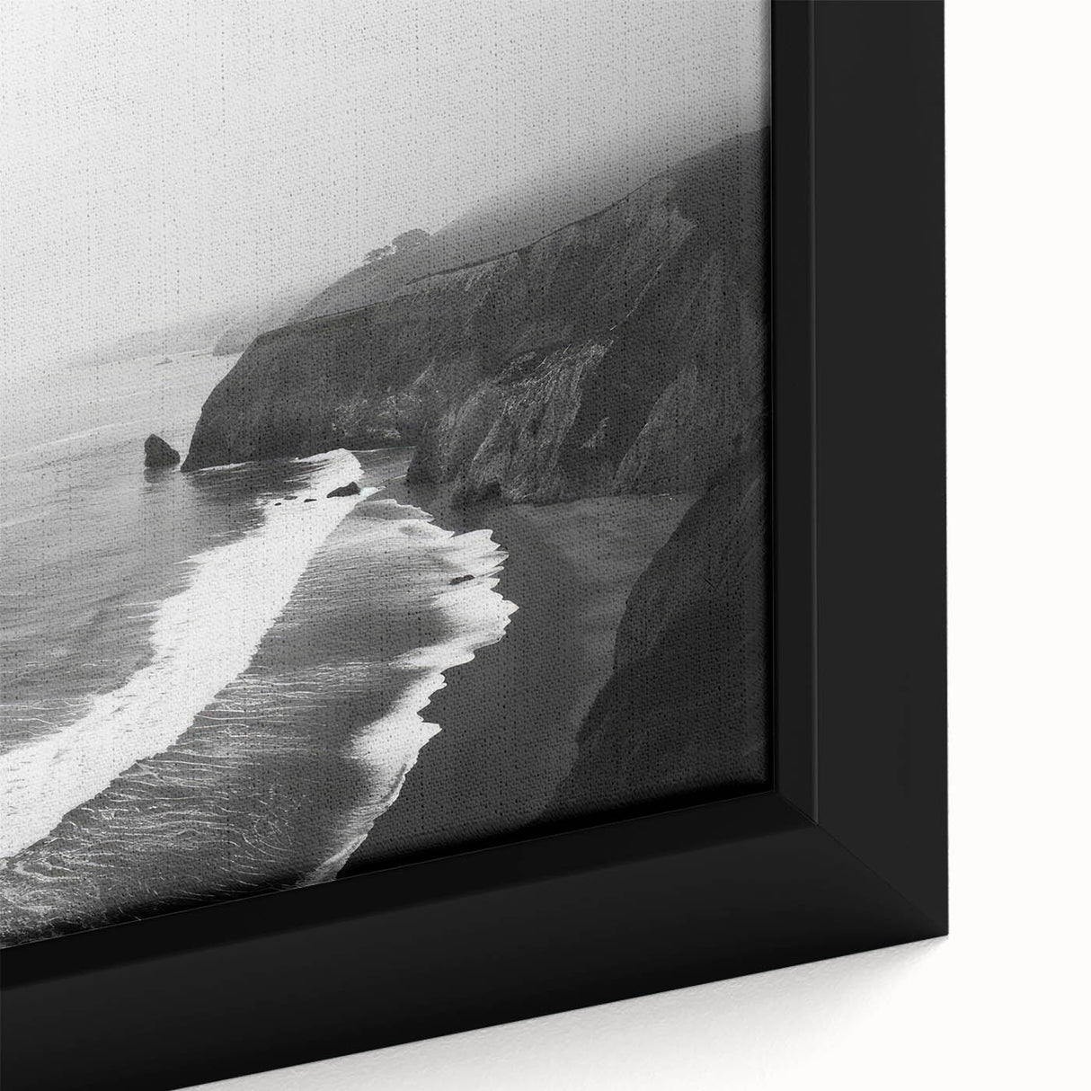 Framed canvas wall art showcasing a serene seascape design with vibrant blues and soft whites, perfect for coastal-themed decor, emphasizing tranquility and beauty.