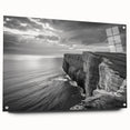 Acrylic wall art showcasing a serene seascape design with vibrant blues and greens, elegantly framed and displayed with pins, perfect for coastal home decor.
