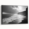Framed canvas artwork showcasing a serene seascape design with vibrant colors and intricate details, displayed from a side view to highlight its sleek black frame.