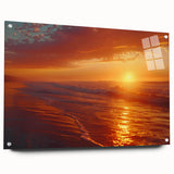 Acrylic glass wall art collection showcasing a vibrant seascape design with colorful ocean waves and serene beach, presented in a side view with pins for easy display.