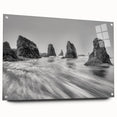 Acrylic glass wall art collection showcasing a vibrant seascape design, displayed from the side with visible pins, perfect for modern decor enthusiasts.