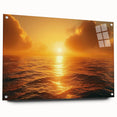Acrylic glass wall art featuring a vibrant seascape design, showcasing dynamic waves and serene colors, displayed side view with decorative pins. Perfect for enhancing coastal-themed interiors.
