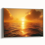 Framed canvas wall art showcasing a serene seascape design with silver accents, elegantly displayed in a stylish side view. Ideal for enhancing coastal-themed interiors.