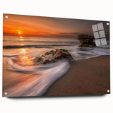 Acrylic glass wall art design showcasing a vibrant seascape collection featuring blue ocean waves and coastal scenery, displayed from a side view with pins for mounting. Ideal for home decor enthusiasts seeking unique coastal art pieces.