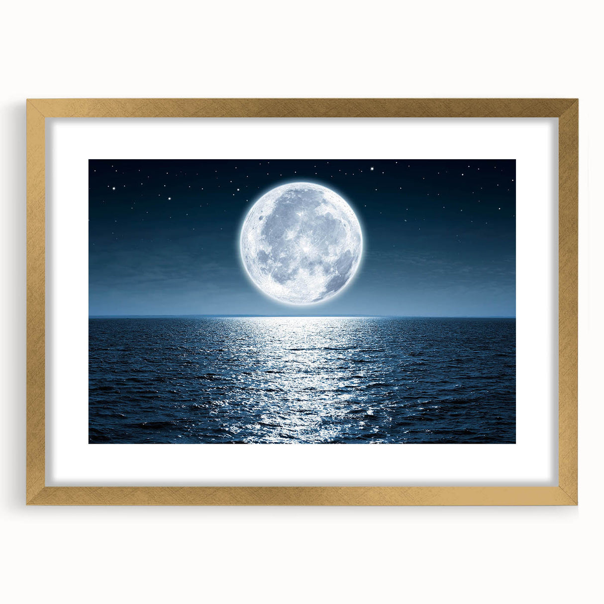 Framed wall art featuring a serene seascape design with vibrant colors, gold matting, and a sleek frame, perfect for enhancing home decor aesthetics.