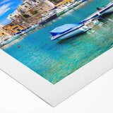Abstract landscape wall art on rolled canvas showcasing vibrant blue ocean waves and soft sandy beaches, ideal for modern home decor. Perfect for adding a serene coastal vibe to any space.