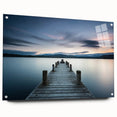 Acrylic glass wall art featuring a vibrant seascape design, showcasing waves and a sunset in warm hues, displayed with pins against a neutral backdrop. Ideal for coastal-themed decor.