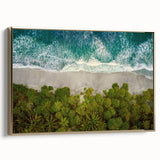 Framed canvas wall art featuring a serene seascape design with gold accents, showcasing tranquil ocean waves and a vibrant sunset, perfect for home decor.