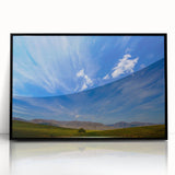 Framed acrylic wall art featuring a modern landscape design with vibrant colors, set in a sleek black frame, perfect for enhancing contemporary decor.