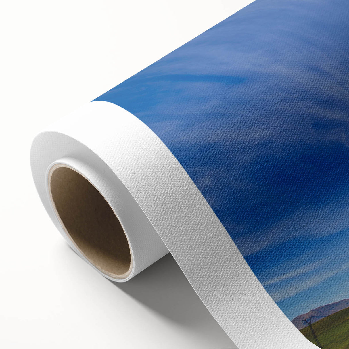 Rolled canvas artwork showcasing a vibrant abstract landscape design, featuring rich colors and dynamic shapes, perfect for modern home decor.
