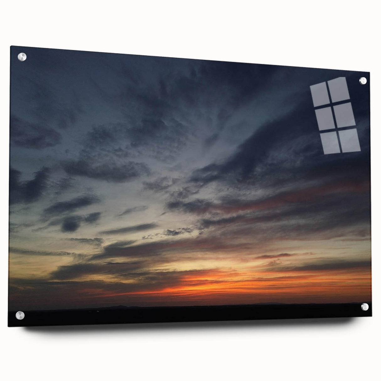 Acrylic glass wall art collection showcasing a vibrant landscape and skyscape design, presented in a side view with mounting pins for easy display.