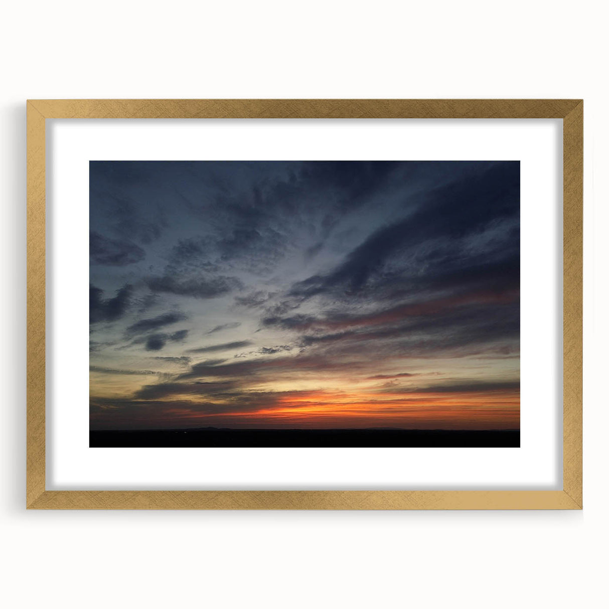 Elegant gold-framed wall art collection featuring a stunning landscapes and skyscapes design, complete with a mat, perfect for home decor enhancement.