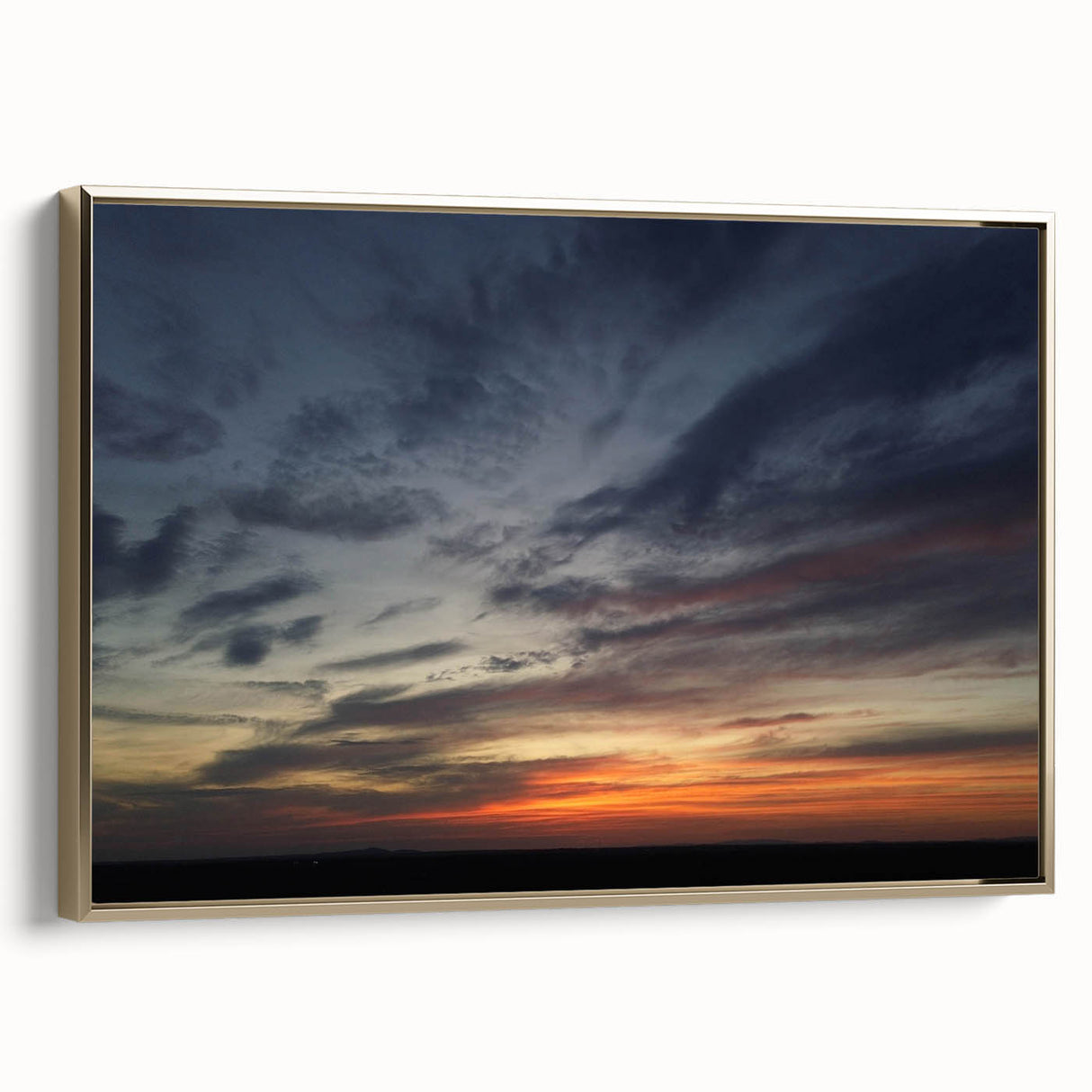 Framed landscape wall art collection showcasing serene skyscape with vibrant colors and gold accents, displayed from a side view against a neutral background. Perfect for home decor.