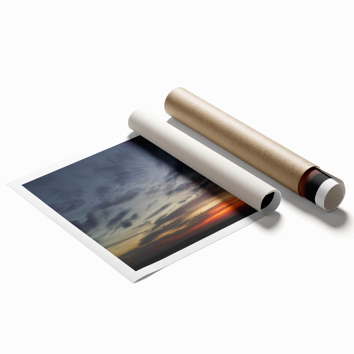Vibrant rolled print of a serene landscape featuring colorful skyscapes, ideal for home decor, showcasing intricate details and vivid hues, packaged securely.