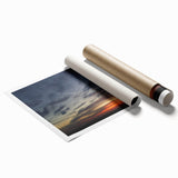 Vibrant rolled print of a serene landscape featuring colorful skyscapes, ideal for home decor, showcasing intricate details and vivid hues, packaged securely.