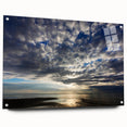 Acrylic glass wall art featuring a vibrant skyscape design, displayed from a side view and secured with pins, showcasing intricate colors and textures. Perfect for enhancing modern decor.