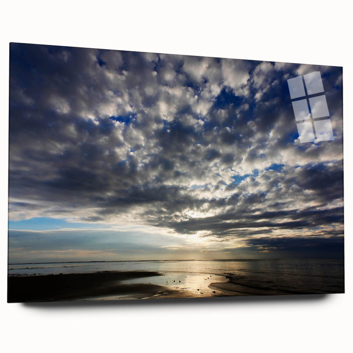 Acrylic glass wall art featuring a vibrant landscape design with soft gradients in blue and orange hues, displayed side view without pins, ideal for modern decor.